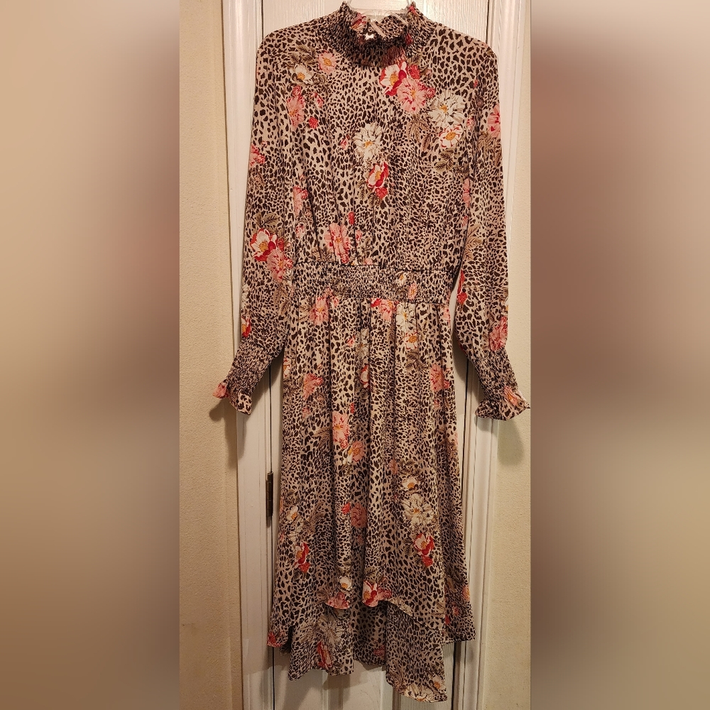 Nanette Lepore Sz 10 Leopard and Pink  floral High Low dress.